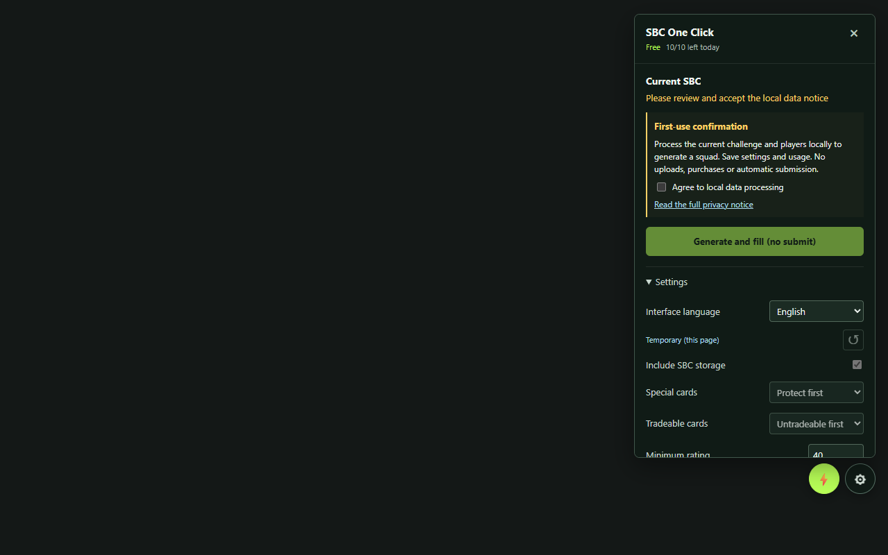 The SBC One Click panel open beside a squad-building challenge, showing Generate and fill (no submit) above the rating limits, storage and card settings for this SBC.