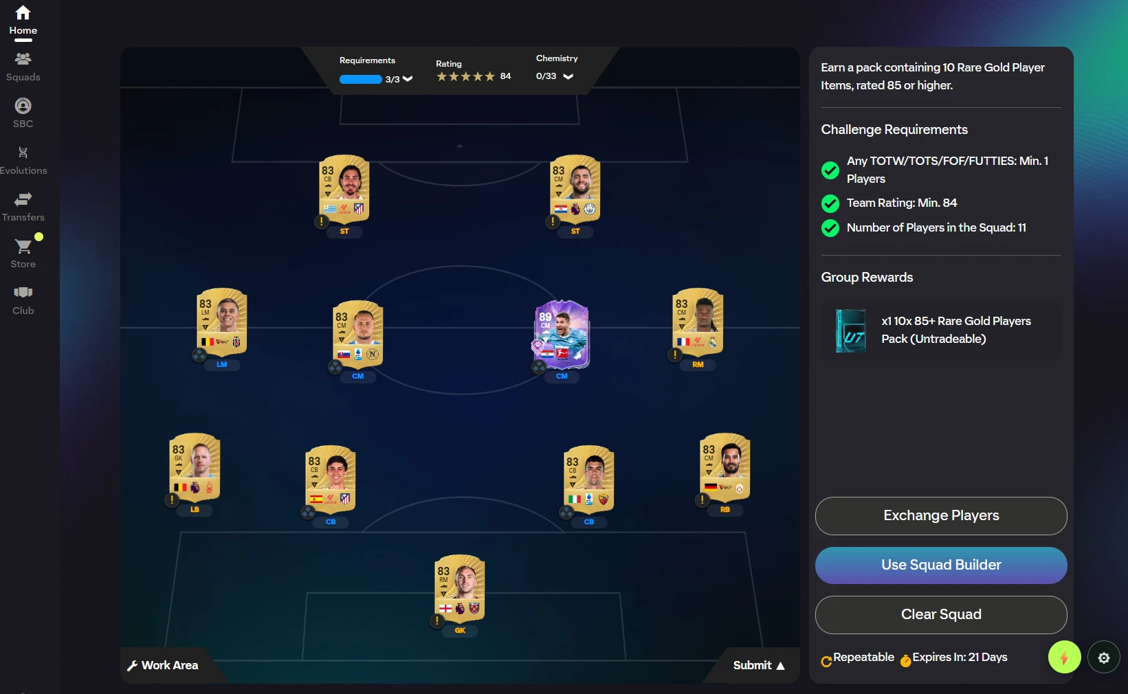The completed challenge in the Web App: eleven players filled into the formation, requirements 3 of 3 met and squad rating 84, with the Submit button still untouched.
